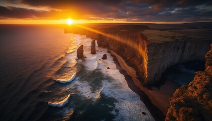 Fototapeta na wymiar A breathtaking aerial view of the Cliff Sunrise captured during the serene hours, with a touch of fantasy, making it the perfect background wallpaper for your devices Generative AI