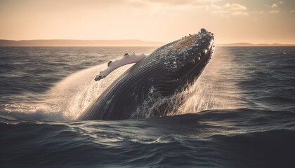Fototapeta premium Humpback whale breaching, dolphin jumping, nature beauty generated by AI
