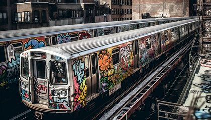 Fototapeta na wymiar Rush hour traffic blurs past subway platform generated by AI