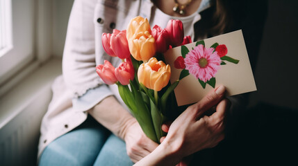 Mother-Daughter Bonding Over Mother's Day Bouquet and Card by Generative AI