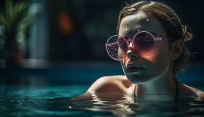Caucasian woman in sunglasses enjoys summer swim generated by AI