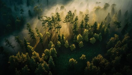 Fototapeta na wymiar Majestic Forest Morning : A Stunning Aerial View with a Touch of Fantasy, Perfect as a Background Wallpaper for Your Devices. Breathtaking Serenity Captured in Every Detail Generative AI