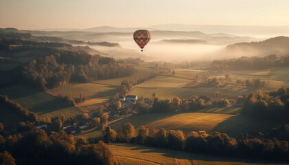 Flying hot air balloon over autumn landscape generated by AI