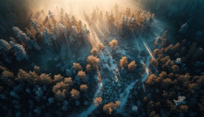 Fototapeta na wymiar A breathtaking aerial view of the Forest Morning captured during the serene hours, with a touch of fantasy, making it the perfect background wallpaper for your devices Generative AI