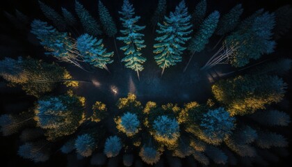 Fototapeta na wymiar A breathtaking aerial view of the Forest Nighttime captured during the serene hours, with a touch of fantasy, making it the perfect background wallpaper for your devices Generative AI