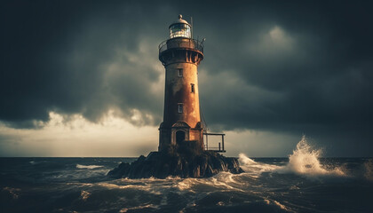 Obraz premium Beacon guides ships through dangerous coastline at dusk generated by AI