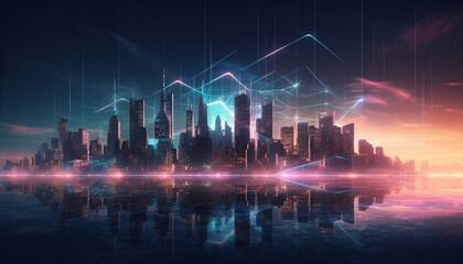 Glowing skyscrapers illuminate the futuristic city skyline generated by AI