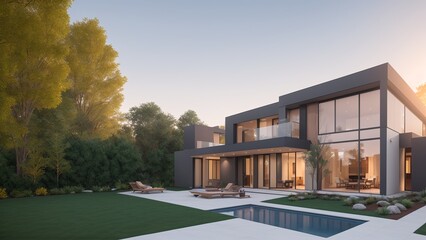 A Dreamy Rendering Of A Modern House With A Pool And Lawn AI Generative
