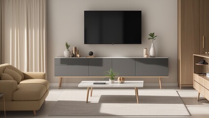 Fototapeta na wymiar A Striking Modern Living Room With A Flat Screen Tv And A Coffee Table AI Generative