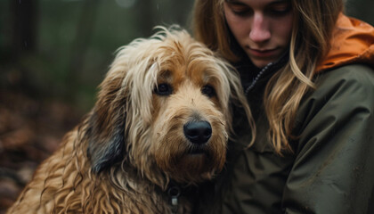 Cute canine friends sit in autumn forest generated by AI