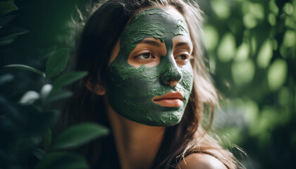 Young woman applying facial mask for pampering generated by AI