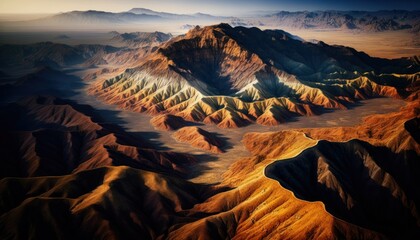 Obraz premium Fantasy meets serenity in this beautiful aerial Mountain range Afternoon view featuring the tranquil hours, perfect as a background wallpaper for your devices Generative AI