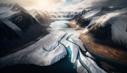 Fantasy meets serenity in this beautiful aerial Glacier Morning view featuring the tranquil hours, perfect as a background wallpaper for your devices Generative AI