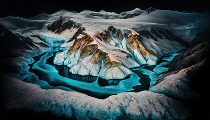 Serenity: A breathtaking aerial view of the tranquil Glacier Nighttime during the serene hours, with a touch of fantasy, creating the perfect background wallpaper for your devices Generative AI