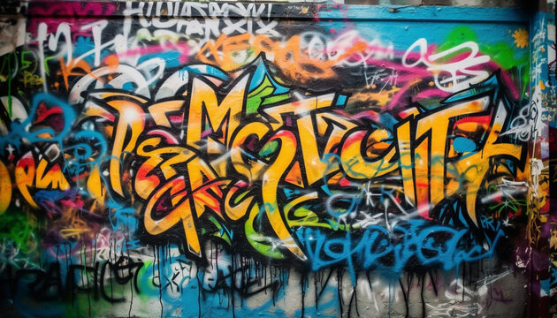Vibrant graffiti mural depicts city life chaos generated by AI © Jeronimo Ramos