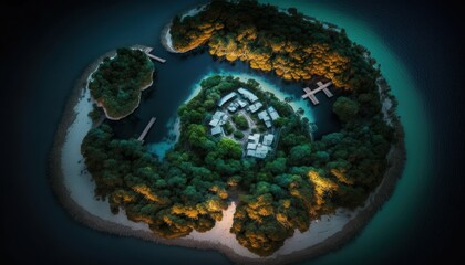 Obraz na płótnie Canvas Serenity: A breathtaking aerial view of the tranquil Island Midnight during the serene hours, with a touch of fantasy, creating the perfect background wallpaper for your devices Generative AI