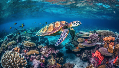 Fototapeta na wymiar Swimming with sea turtles in tropical reef generated by AI