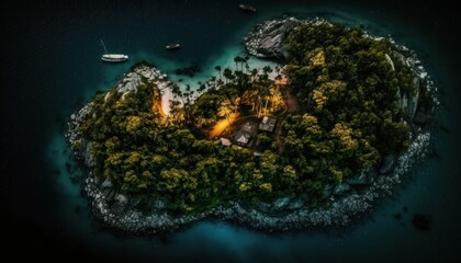 A breathtaking aerial view of the Island Nighttime captured during the serene hours, with a touch of fantasy, making it the perfect background wallpaper for your devices Generative AI