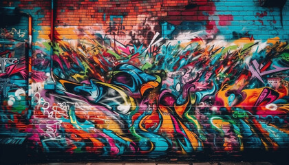 Fototapeta na wymiar Vibrant colors spray chaos on city walls generated by AI