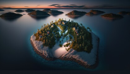 Fototapeta premium Serenity: A breathtaking aerial view of the tranquil Island Twilight during the serene hours, with a touch of fantasy, creating the perfect background wallpaper for your devices Generative AI