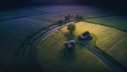 Fantasy meets serenity in this beautiful aerial Meadow Twilight view featuring the tranquil hours, perfect as a background wallpaper for your devices Generative AI