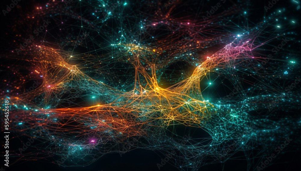 Poster glowing fractal shapes illuminate dark space generated by ai
