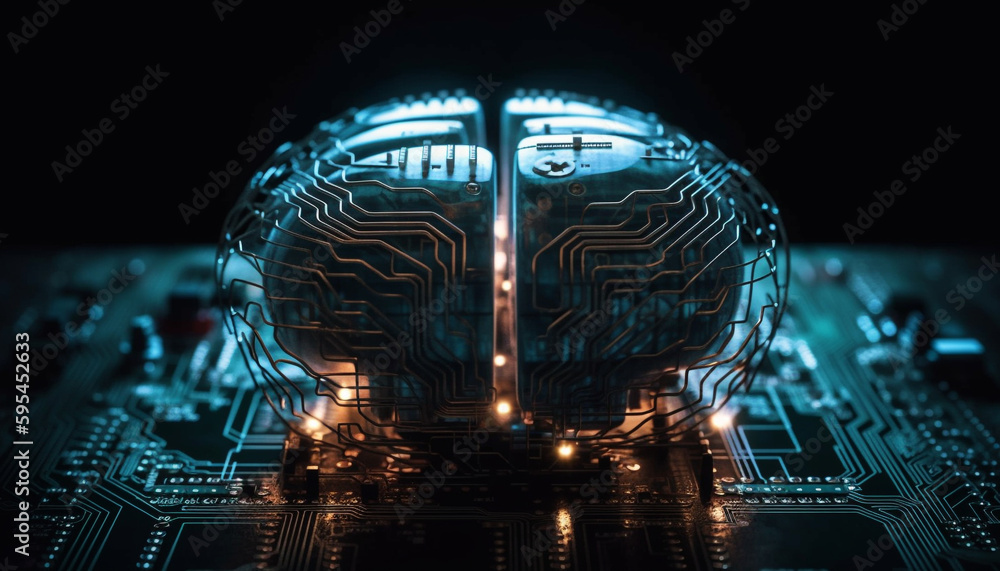 Poster glowing circuit board, complex technology inside modern computer generated by ai
