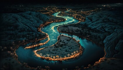 A breathtaking aerial view of the River Midnight captured during the serene hours, with a touch of fantasy, making it the perfect background wallpaper for your devices Generative AI