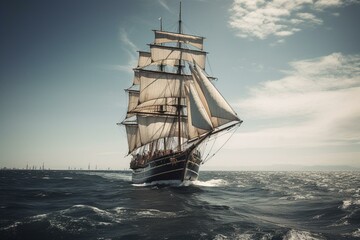 Fototapeta na wymiar A large sailing vessel with tall masts and white sails navigates the open sea. Generative AI