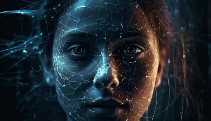 Glowing cyborg headshot, futuristic beauty underwater generated by AI