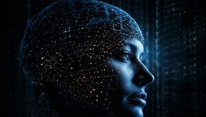 Glowing blue cyborg portrait, futuristic technology mystery generated by AI