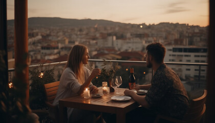 Young couple enjoying a romantic rooftop dinner generated by AI