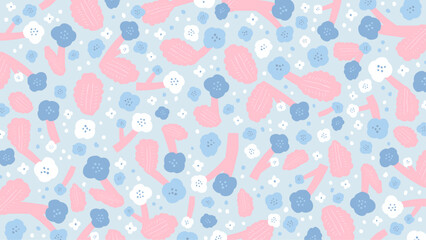 手描きの花柄　背景素材（ピンク×水色）