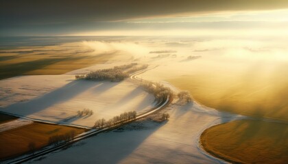 Serenity: A breathtaking aerial view of the tranquil Prairie Morning during the serene hours, with a touch of fantasy, creating the perfect background wallpaper for your devices Generative AI