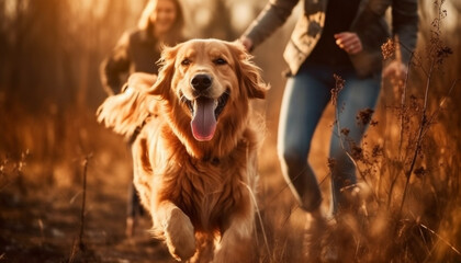 Golden retriever running through sunlit meadow, pure joy generated by AI