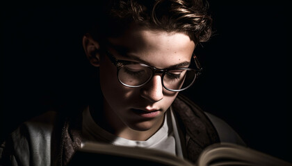 Obraz premium One serious man reading, looking at camera generated by AI