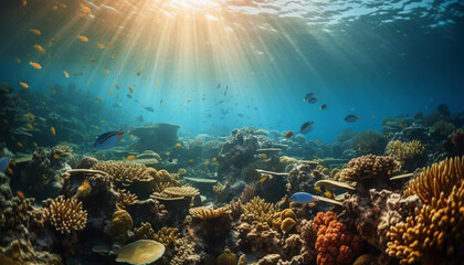 Fototapeta na wymiar Deep below, a school of fish swims generated by AI