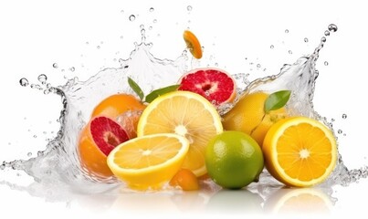 Vibrant fresh fruits with splashes of water on white Creating using generative AI tools