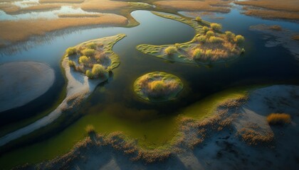 Fototapeta na wymiar Majestic Wetland Morning : A Stunning Aerial View with a Touch of Fantasy, Perfect as a Background Wallpaper for Your Devices. Breathtaking Serenity Captured in Every Detail Generative AI