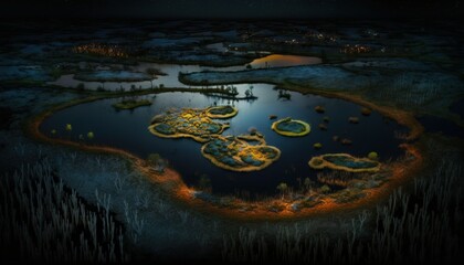Majestic  Wetland Nighttime : A Stunning Aerial View with a Touch of Fantasy, Perfect as a Background Wallpaper for Your Devices. Breathtaking Serenity Captured in Every Detail Generative AI