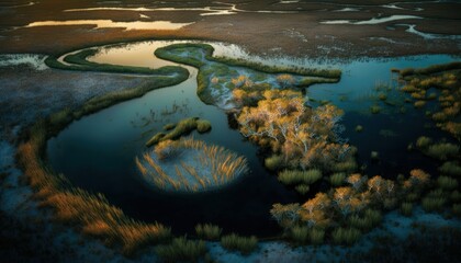 Fototapeta na wymiar Fantasy meets serenity in this beautiful aerial Wetland Twilight view featuring the tranquil hours, perfect as a background wallpaper for your devices Generative AI