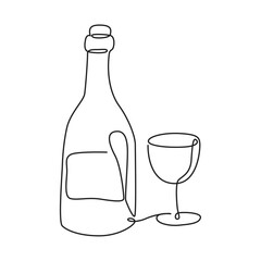 bottle and glass of wine continuous line drawing, hand drawn style drink illustration.