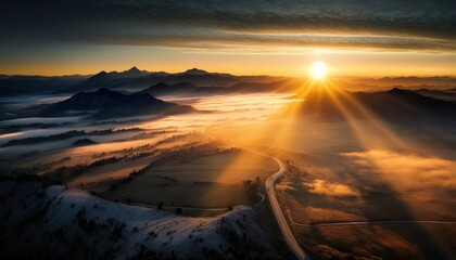 Fantasy meets serenity in this beautiful aerial Valley Sunrise view featuring the tranquil hours, perfect as a background wallpaper for your devices Generative AI