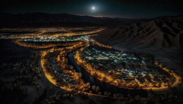 A breathtaking aerial view of the Valley Nighttime captured during the serene hours, with a touch of fantasy, making it the perfect background wallpaper for your devices Generative AI