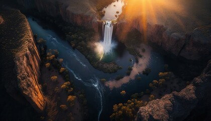 Majestic  Waterfall Sunrise : A Stunning Aerial View with a Touch of Fantasy, Perfect as a Background Wallpaper for Your Devices. Breathtaking Serenity Captured in Every Detail Generative AI