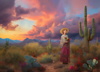 Woman in Long Dress in Sonoran Desert Painting with Saguaro