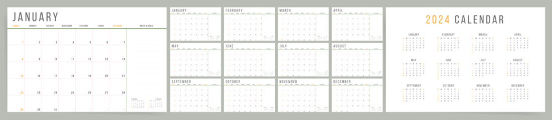 Calendar template for 2024 year. Week starts on Sunday. Business Classic Style with notes. Corporate or business calendar. 2023 calendar in minimal business style for. English vector calendar.

