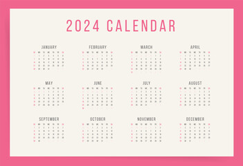 One Page Calendar 2024 Week Starts Sunday Minimal Design Vector Template.

