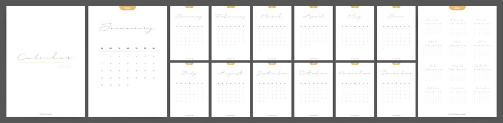 Minimal Aesthetic Calendar Template for 2024 year. Annual Monthly Simple and Minimal Vector Calendar. - obrazy, fototapety, plakaty