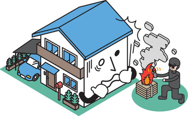 放火の被害にあう一軒家のアイソメイラスト